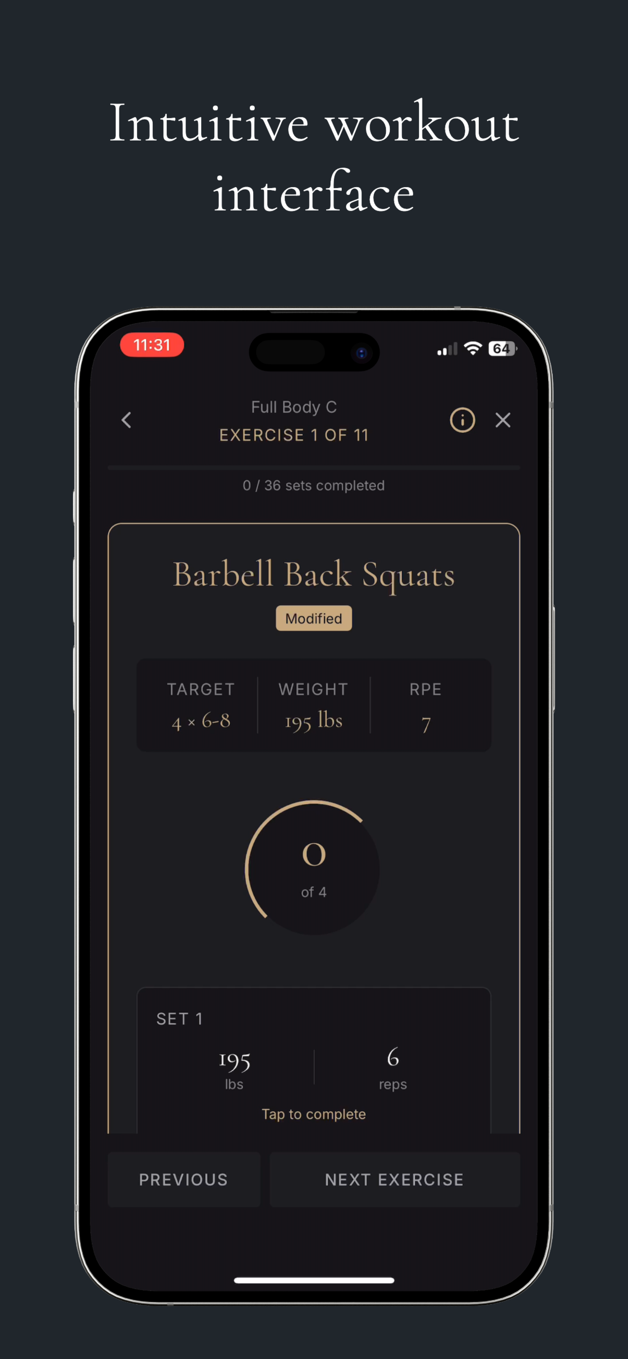 BioTrac workout interface for tracking sets and reps