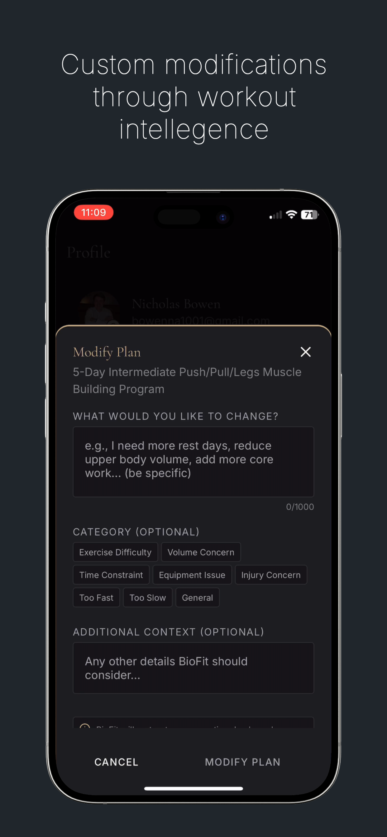 BioTrac planning screen with workout options