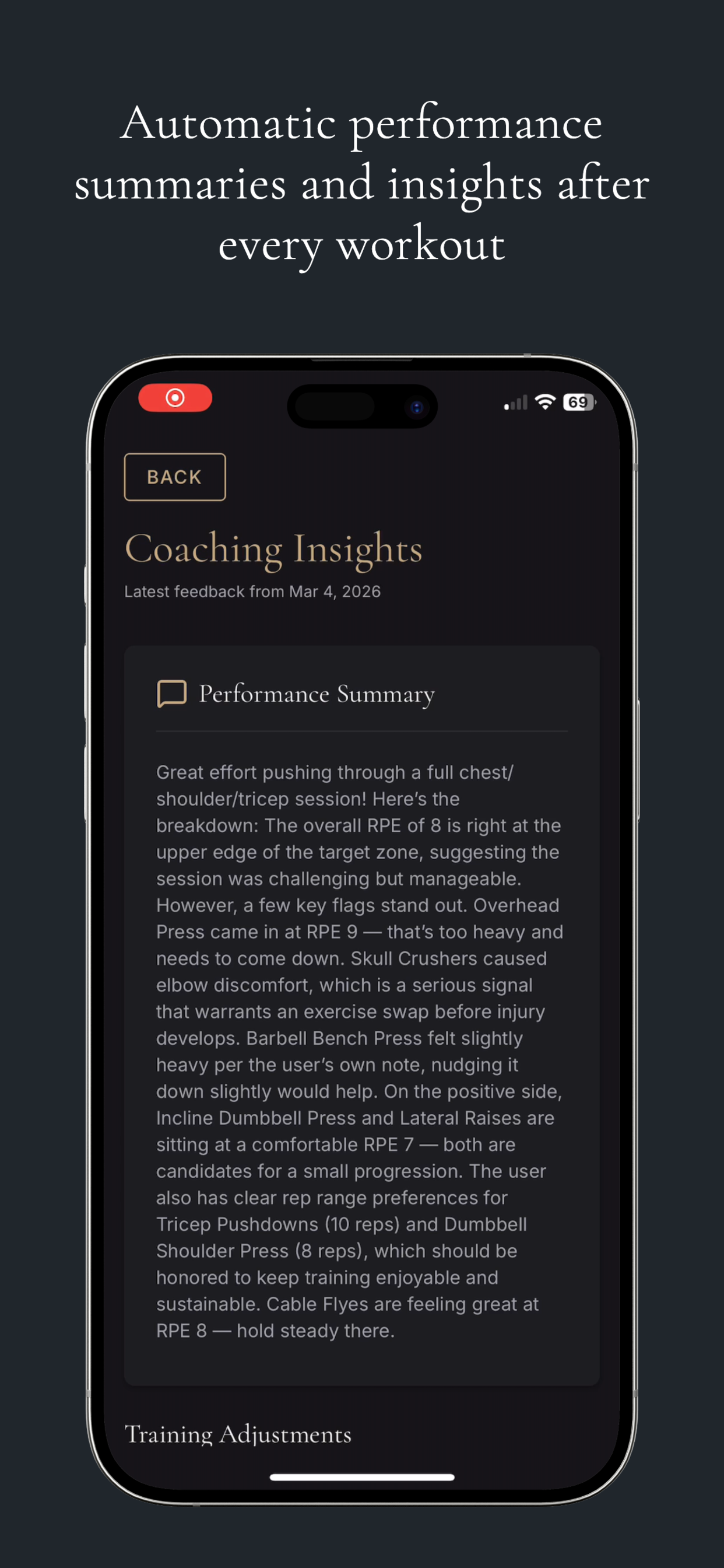BioTrac performance summary and coaching insights